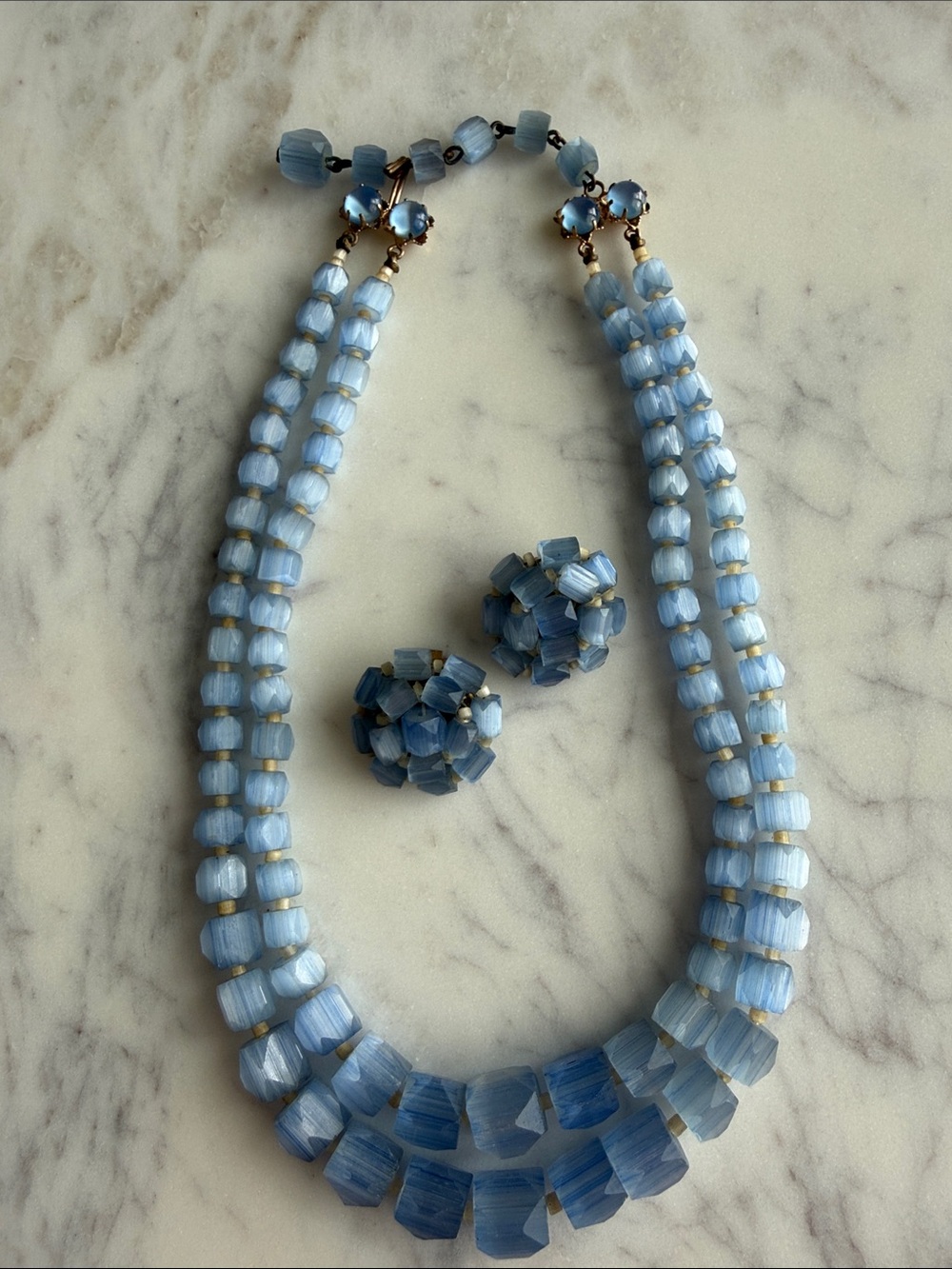 Vintage Czech glass satin cut frosted candy blue 2 strand necklace earrings set